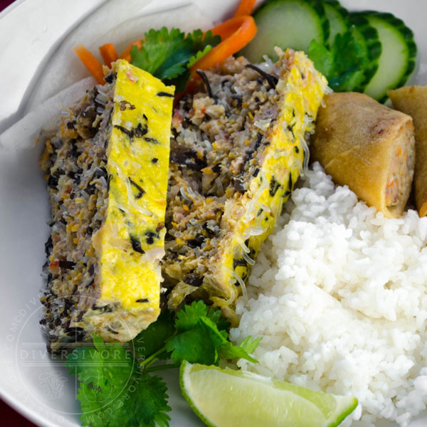 Vietnamese Egg Meatloaf (Chả trứng hấp) with broken rice and spring rolls.
