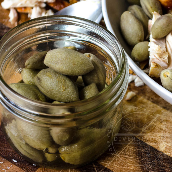 Pickled green almonds in a glass mason jar in front of a plate of chicken