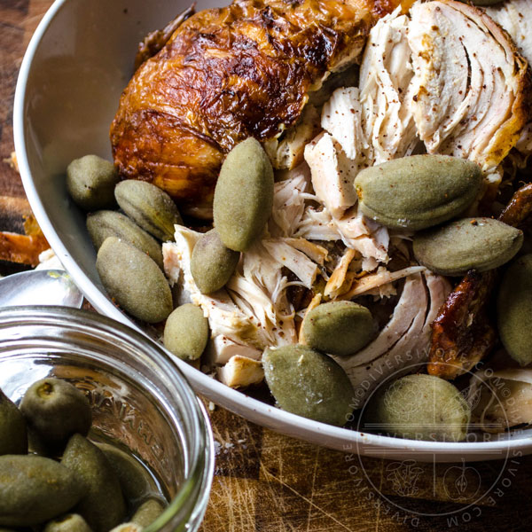Pickled Green Almonds on roasted chicken