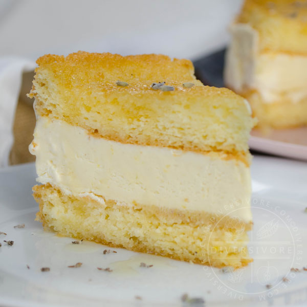 A slice of Lemon, Lavender, and Honey Semifreddo Cake on a white plate