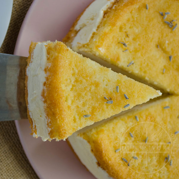 A slice being lifted out of a lavender and lemon semifreddo cake