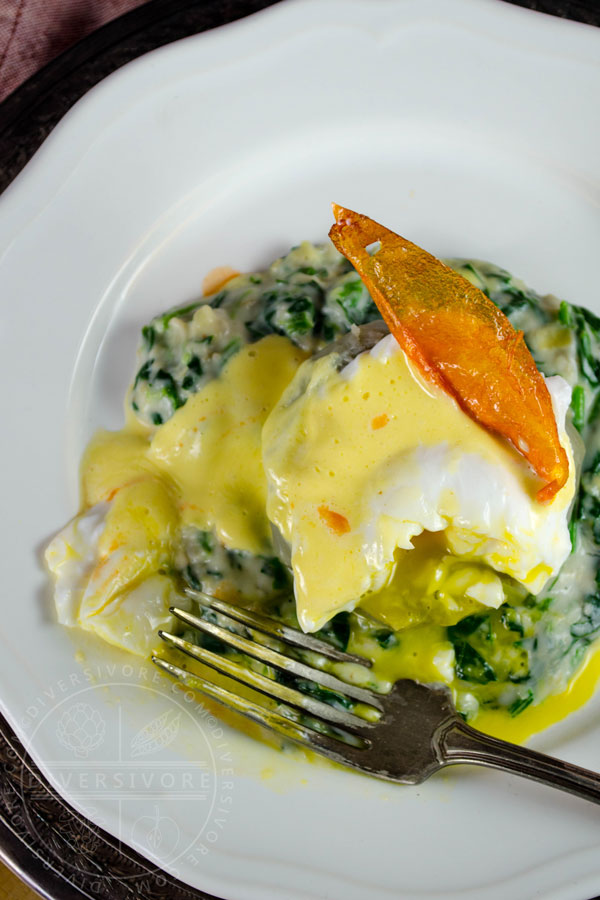 Eggs Sardou (poached egg with Hollandaise on an artichoke bottom with creamed spinach and artichokes), topped with a fried tomato skin and served on a white plate with a silver fork