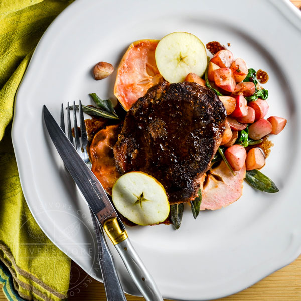 Pork neck steaks with apple, sage brown butter, and roasted radishes