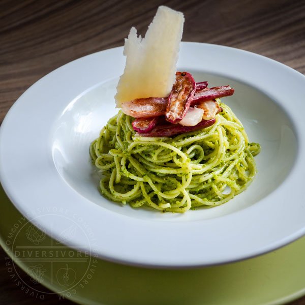 Roasted Radishes with Pistachio and Radish Green Pesto, served with pasta and Parmigiano cheese