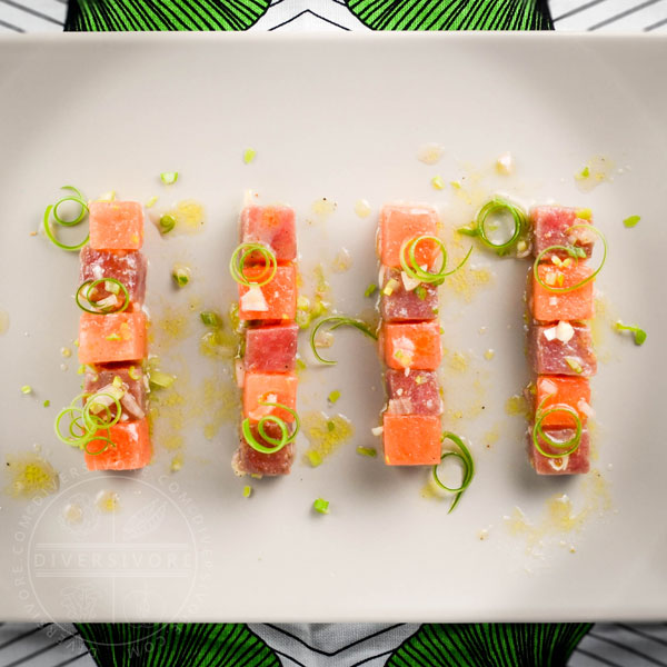 Cubes of watermelon and tuna crudo with olive oil