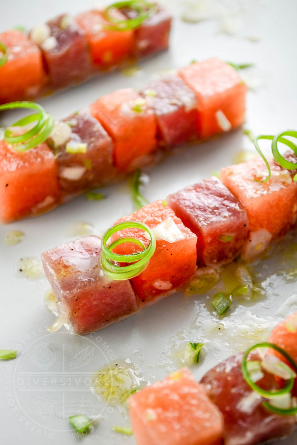 Cubes of watermelon and tuna crudo with olive oil