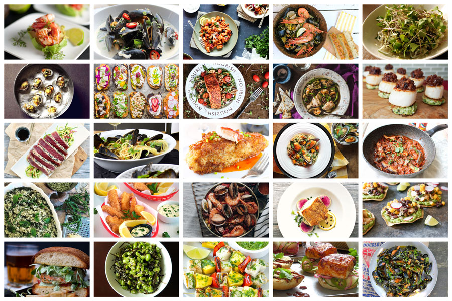 Sustainable Seafood from around the web - a collection of recipes, shown in a compiled image