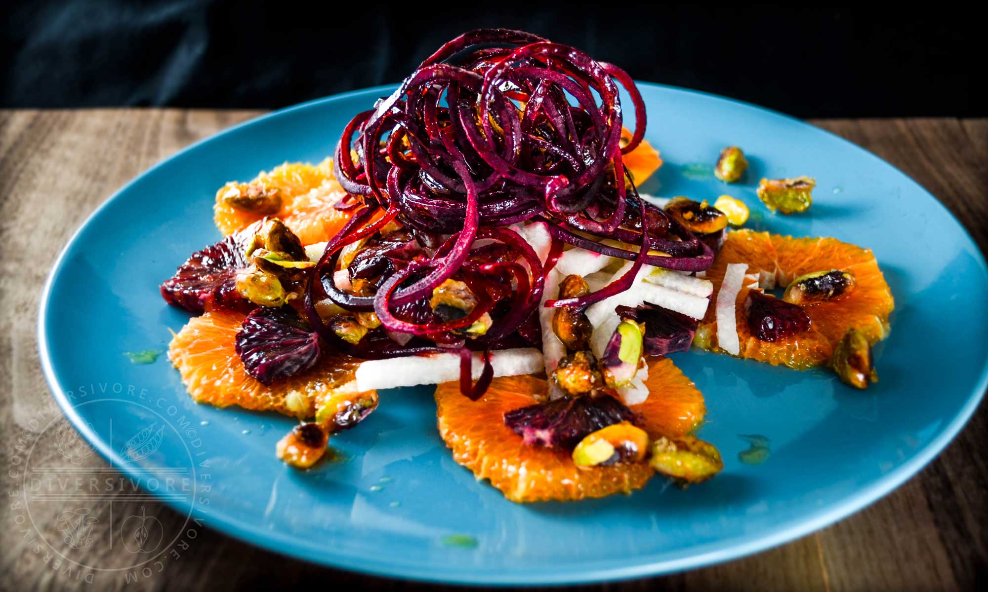 Mexican Christmas Salad (Ensalada de Navidad) with beets, jicama, cara cara oranges, and candied pistachios