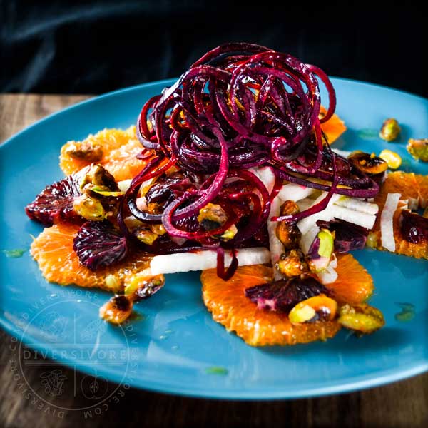 Mexican Christmas Salad (Ensalada de Navidad) with beets, jicama, orange, and candied pistachios