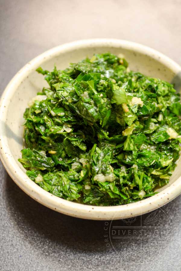 Mint chimichurri in a small stoneware bowl