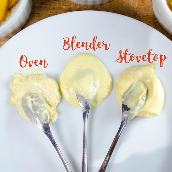 An overhead shot comparing spoonfuls of peach pots de creme made using an oven (left), high-speed blender (center), and stovetop (right).