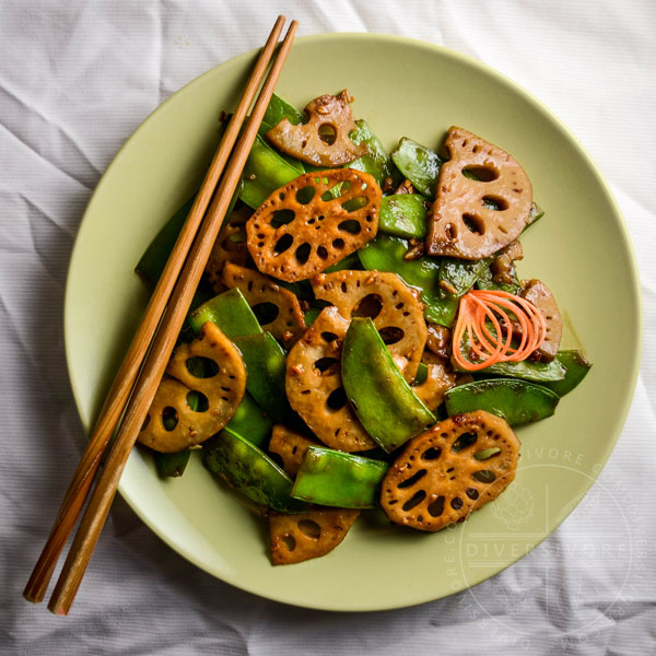 Stir-fried snow peas and lotus