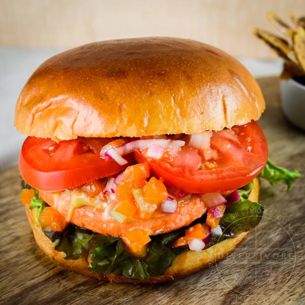 Salmon Burgers with Apricot, Apricot Relish, and Quadruple-M Sauce