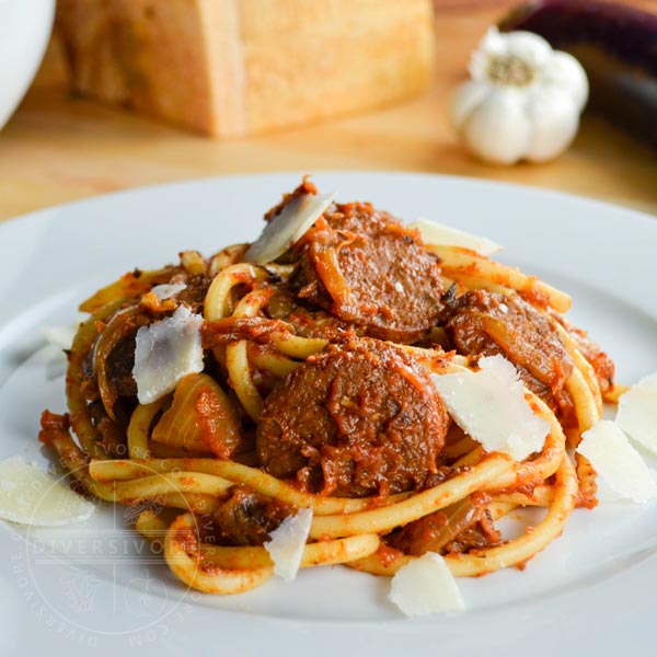 Sausage and Eggplant Bucatini with Fennel Tomato Sauce