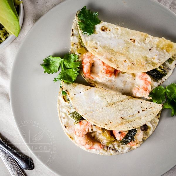 Spot prawn and raja enchiladas with a creamy buttermilk sauce