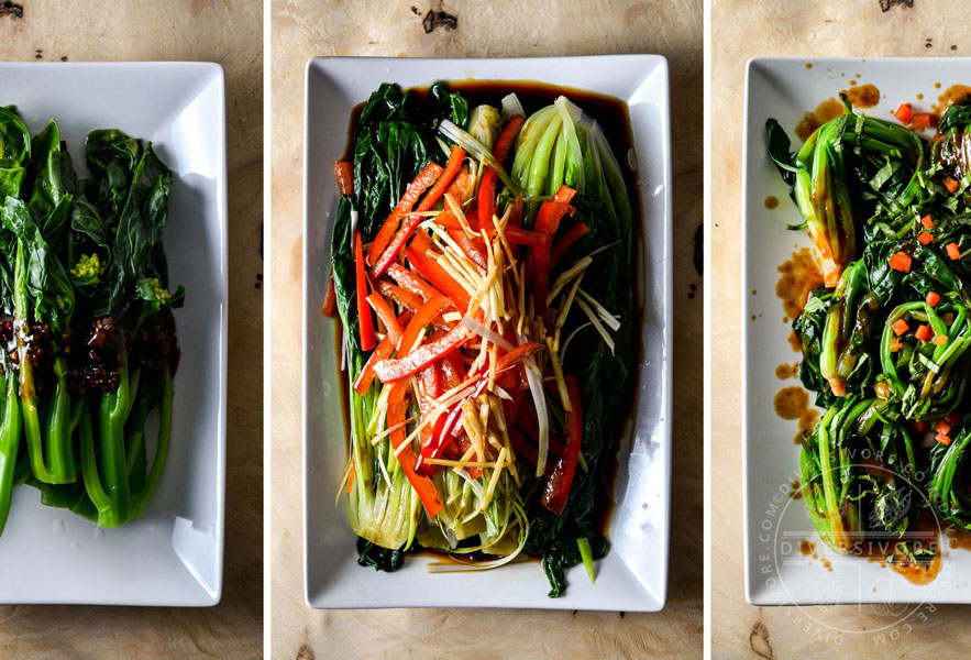 A triptych showing three types of blanched and dressed Chinese greens