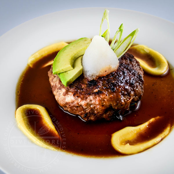 Wafu (Japanese-style) Hamburger on a white plate with karashi mustard/mayo and daikon oroshi