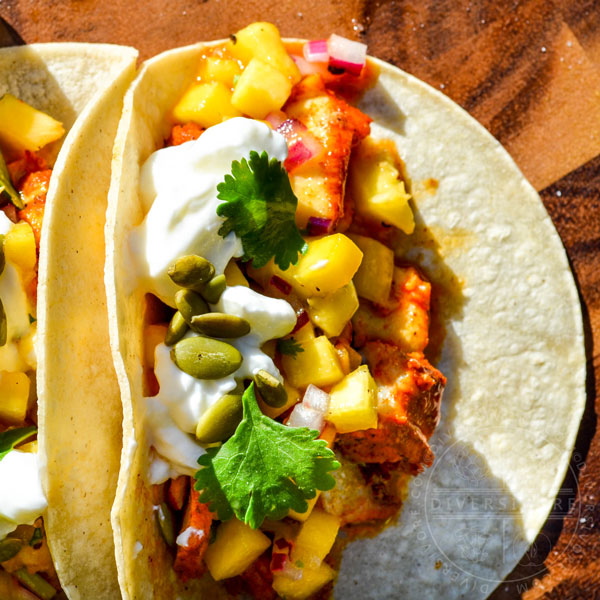 Yucatecan fish tacos with green peach salsa