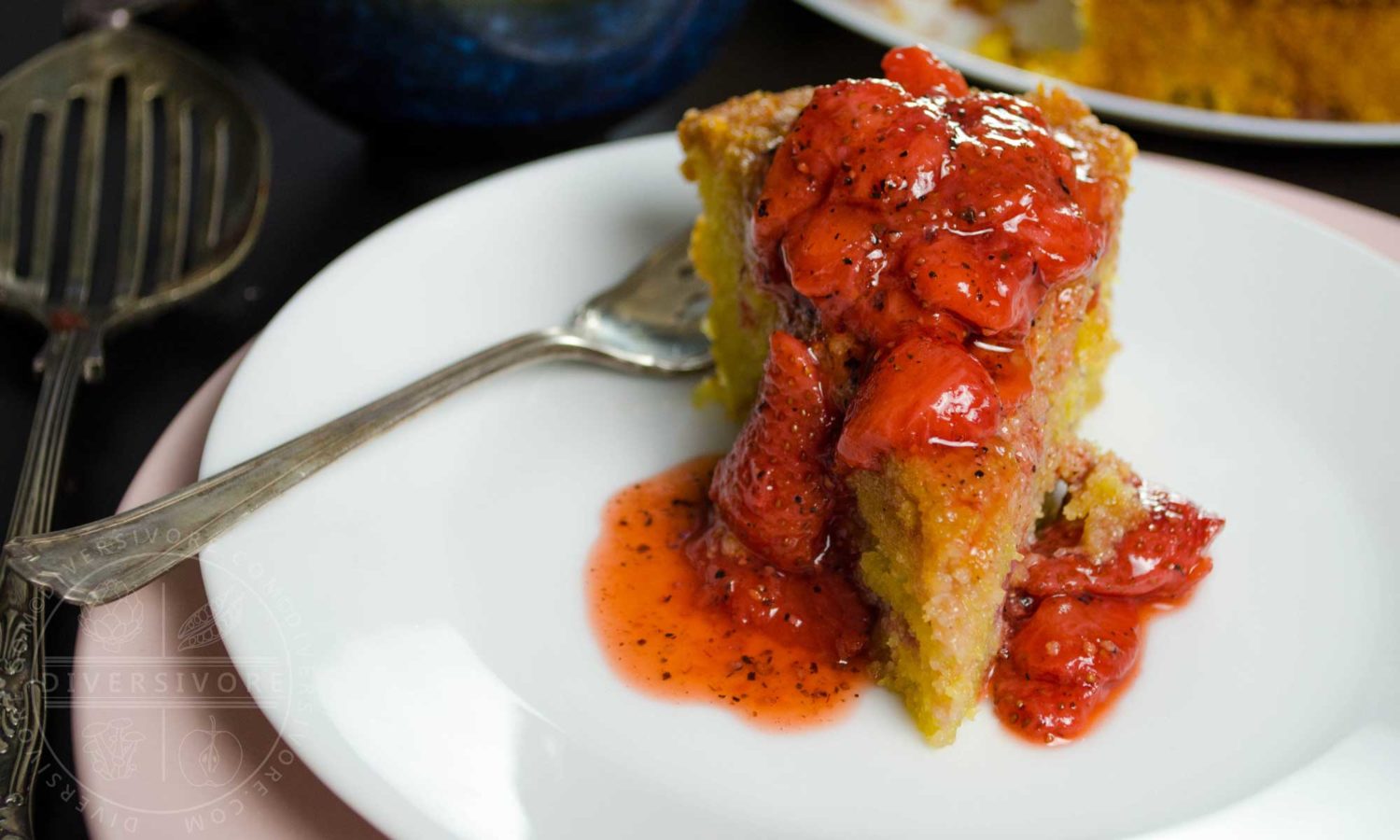 Strawberry and polenta (cornmeal) cake with almonds and lemon, topped with a strawberry and black pepper sauce - Diversivore.com