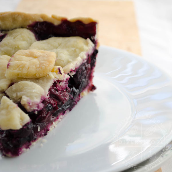 A slice of blueberry-cherry pie on a white plate