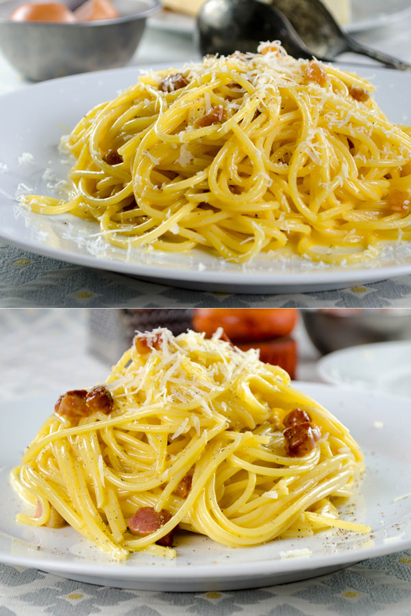 A diptych of carbonara dishes made with guanciale (top) and pancetta (bottom).