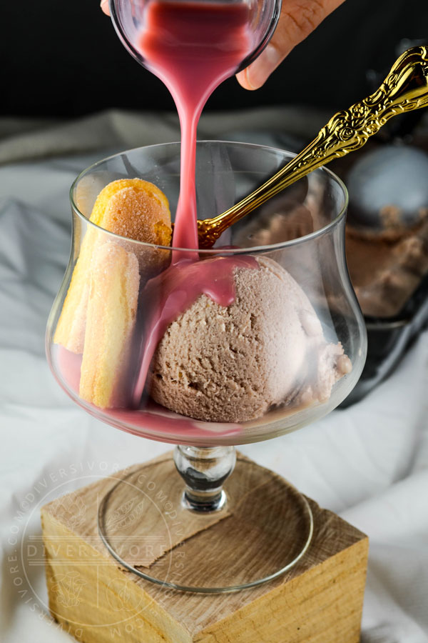 Cranberry-Chai Ice Cream with a shot of cranberry and chai 'affogato' poured on top.