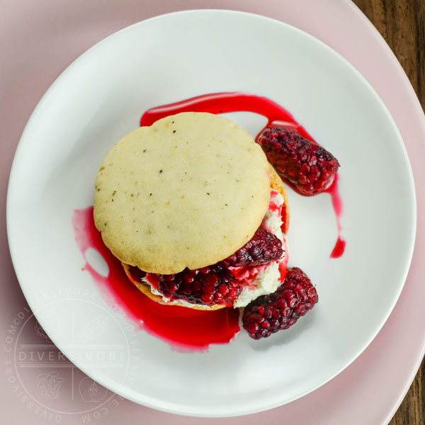 Two cookies sandwiching tayberries and sweet cream cheese on a small white plate against a pink background