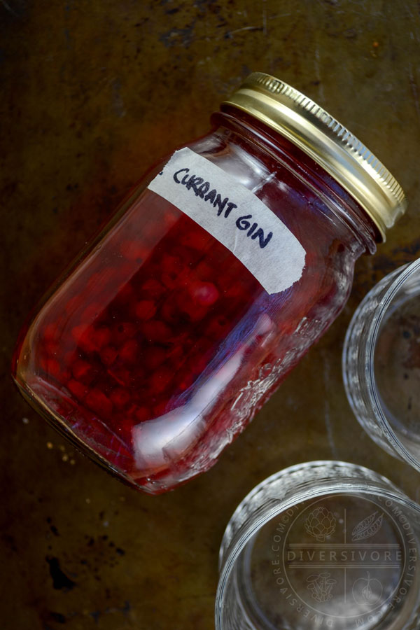 Red currant gin in a labeled mason jar with two glasses