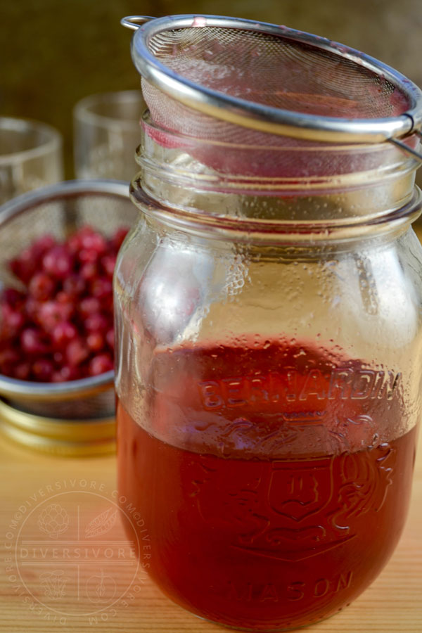 Red currant gin in a mason jar, topped with a strainer