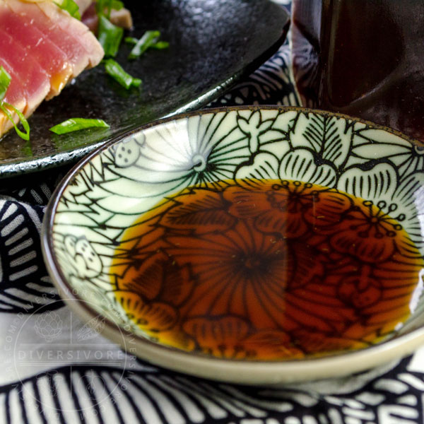 Ponzu shoyu in a small decorated dish