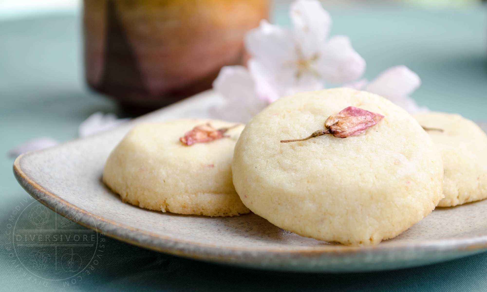 Sakura Sabure - Cherry blossom shortbread cookies on a sand-coloured plate with a tea cup