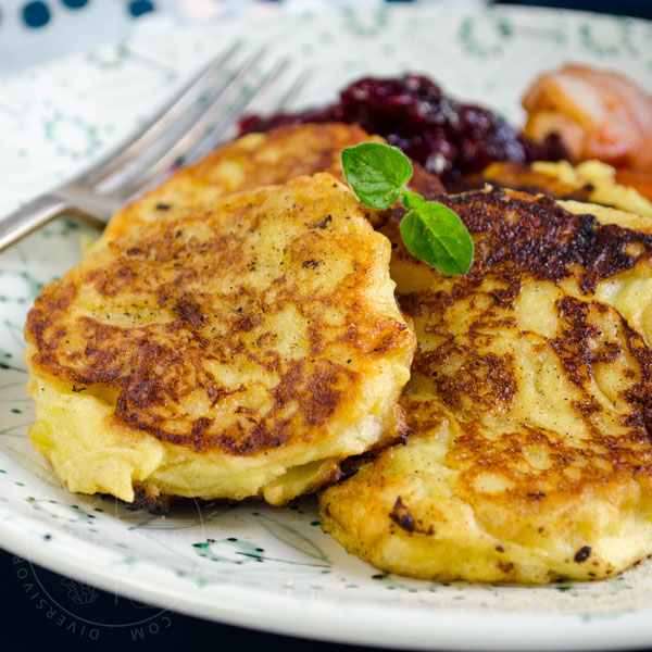 Potatisbullar - Swedish potato cakes, served with cranberries and bacon