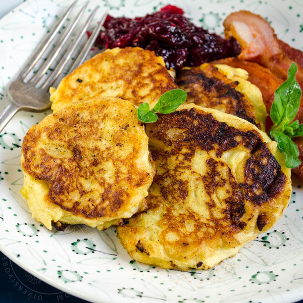 Potatisbullar - Swedish potato cakes, served with cranberries and bacon