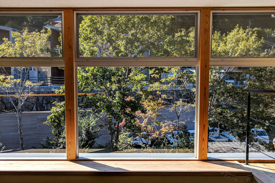 A view out the window from the second floor of the Yuzu-no-mori building in Umaji, Japan