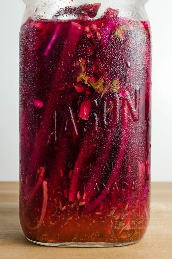 Spicy beet stem pickles in a large mason jar