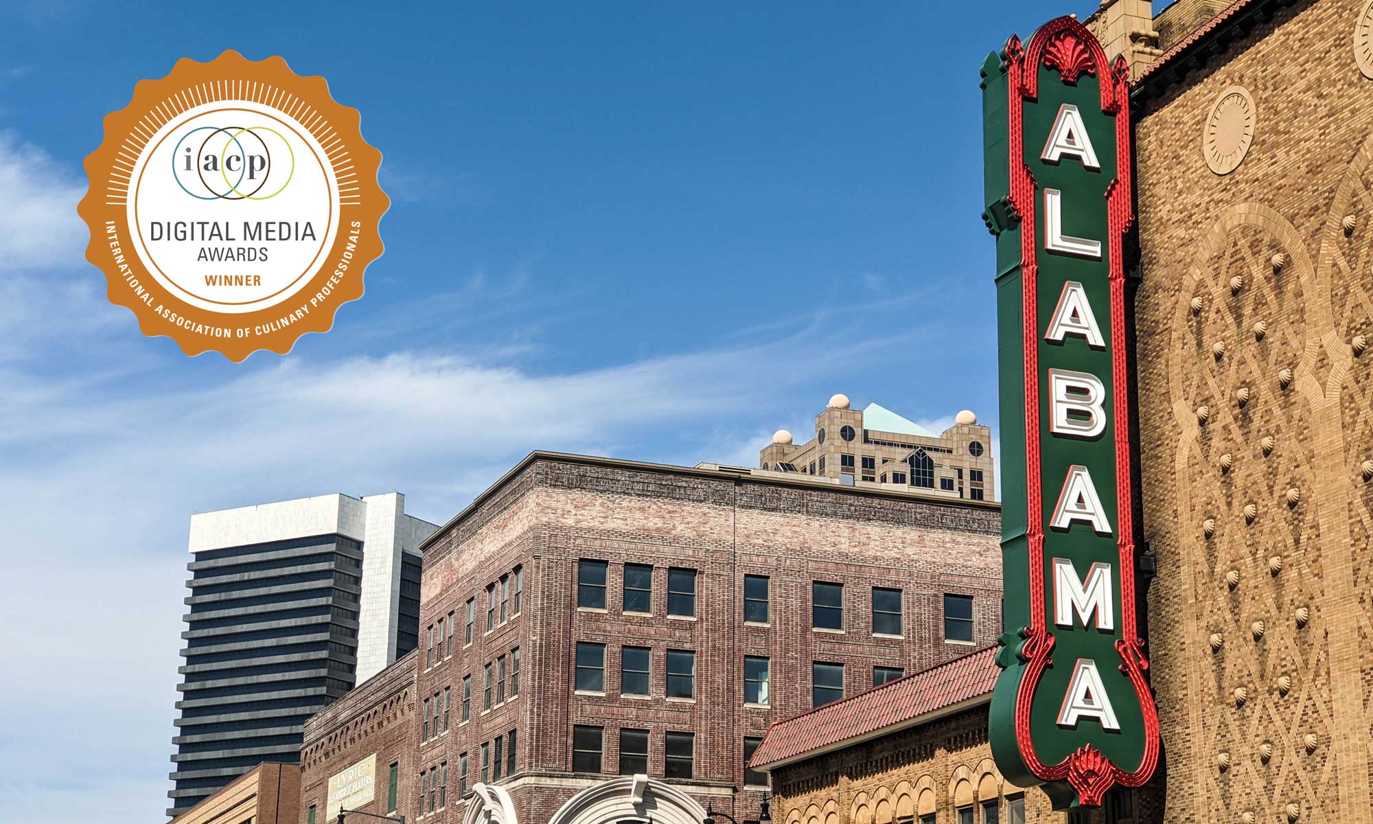 IACP Awards and Conference in Birmingham - banner and IACP winner icon overlaid on a photo of the historic Alabama hotel