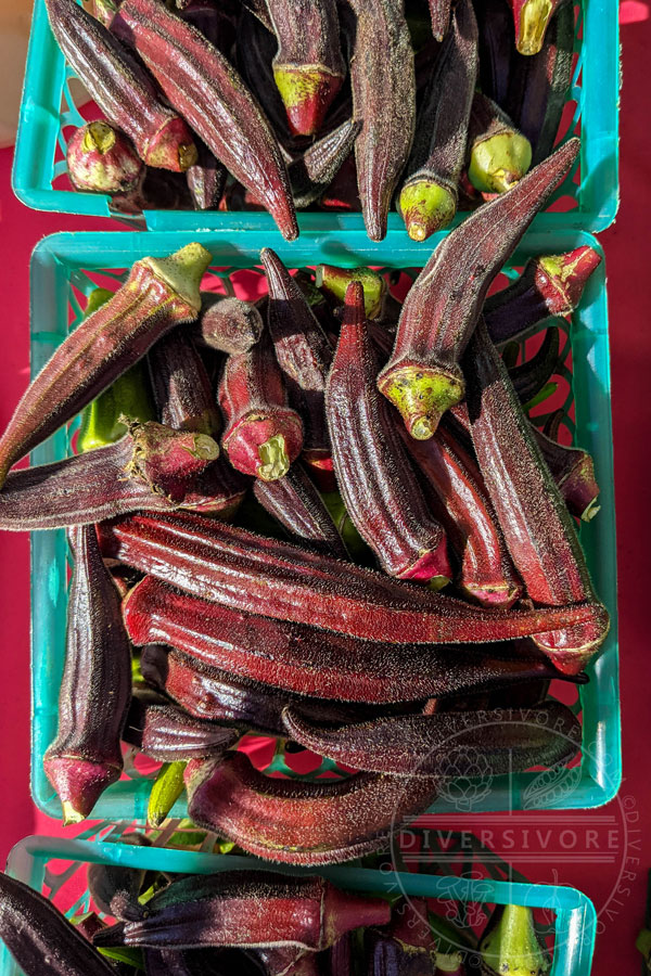 Red Okra in baskets at Pepper Place market