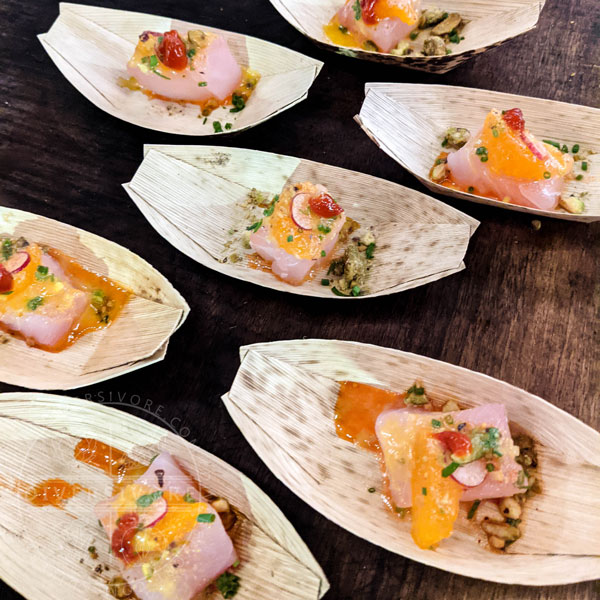 Gulf coast snapper appetizers in small bamboo leaf dishes