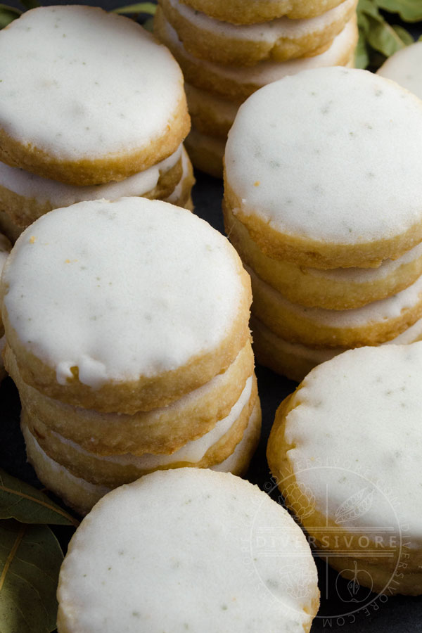 Stacked bay leaf and lemon shortbread cookies