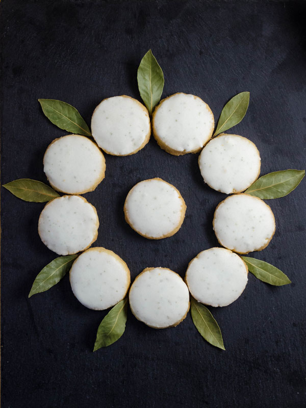 Stacked bay leaf and lemon shortbread cookies