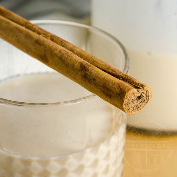 Coquito in a glass with a cinnamon stick