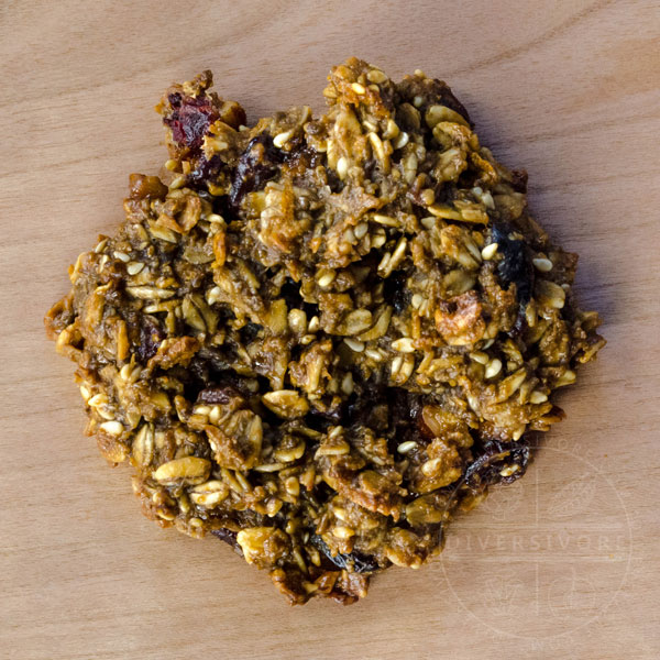 High protein breakfast cookie with pecans, cranberries, and sesame seeds