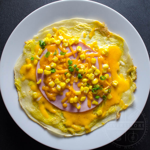 Dan bing with cheddar, ham, and corn