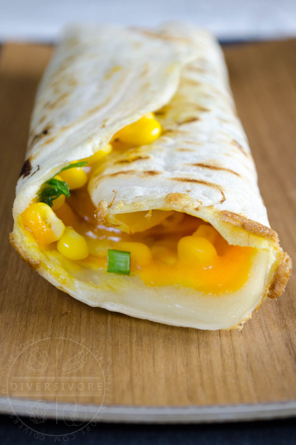 Dan bing (Taiwanese egg crepe) filled with corn, cheddar, and ham