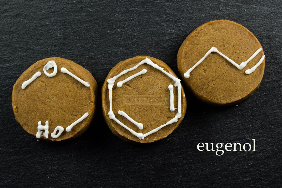 Chemical structure of eugenol iced on gingerbread shortbread cookies