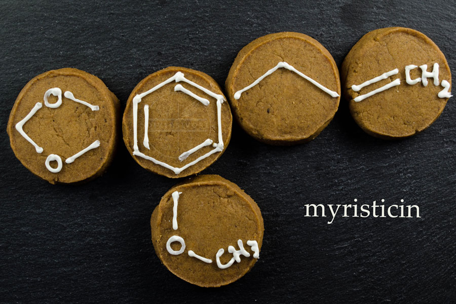 Chemical structure of myristicin iced on gingerbread shortbread cookies