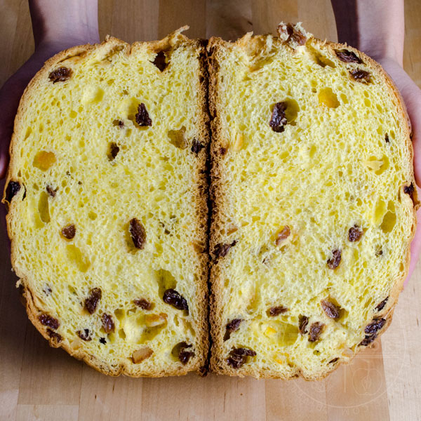 Halved Panettone showing raisins and candied citrus peel
