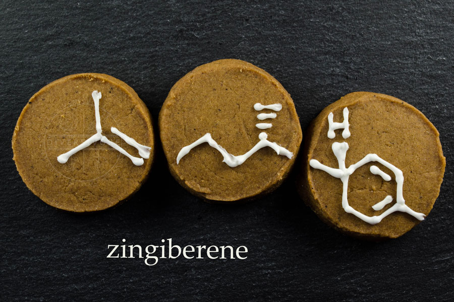 Chemical structure of zingiberene iced on gingerbread shortbread cookies