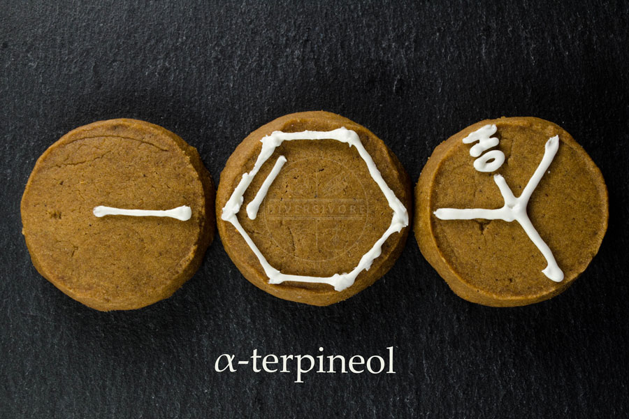 Chemical structure of alpha-terpineol iced on gingerbread shortbread cookies