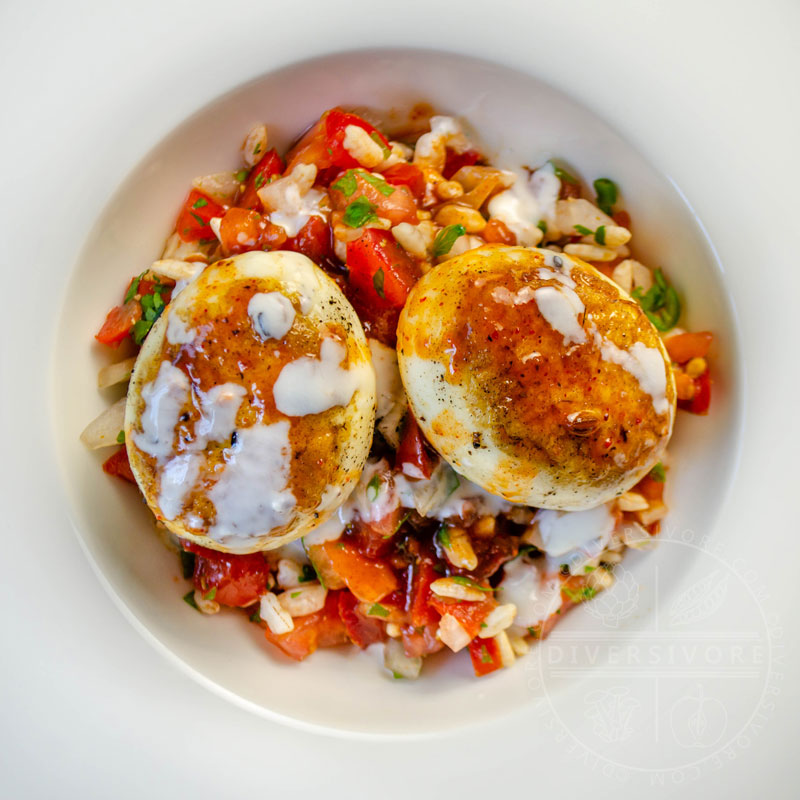 Egg chaat with puffed rice and chutneys